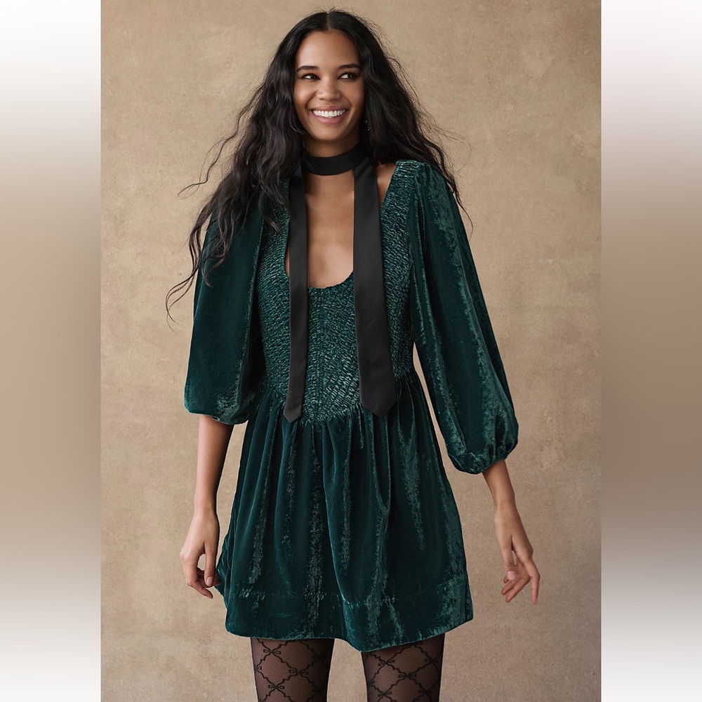 Free‎ People Farrier Velvet Mini Dress Pine Green Medieval Luxury Old Money